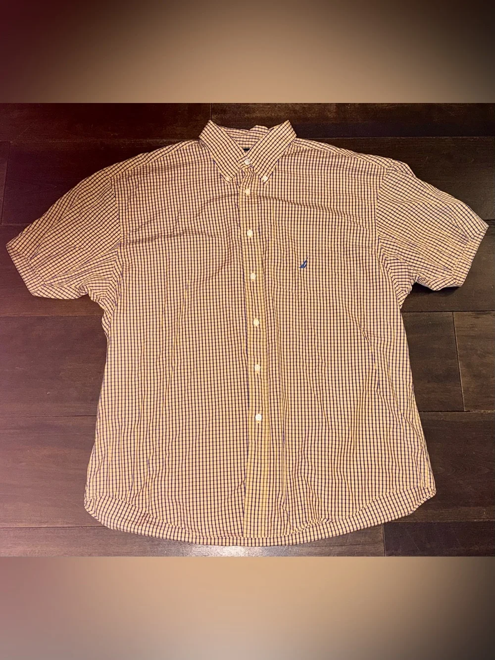 Nautica Orange and Navy Gingham Short-Sleeve Button-Down Shirt